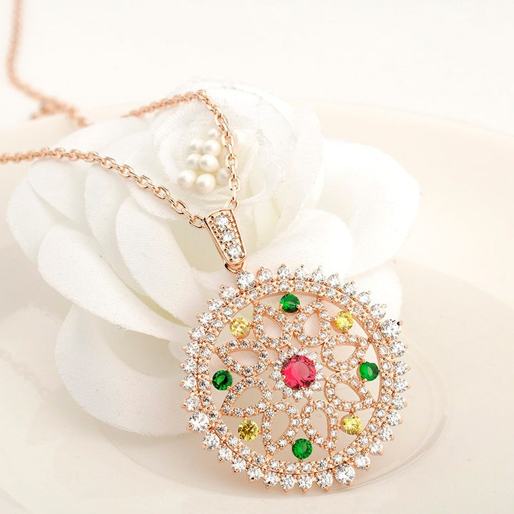 18K Rose Gold Multi Cubic Zircon Micro Paved Big Flower Round Pendant Necklace