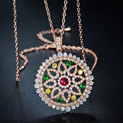 18K Rose Gold Multi Cubic Zircon Micro Paved Big Flower Round Pendant Necklace